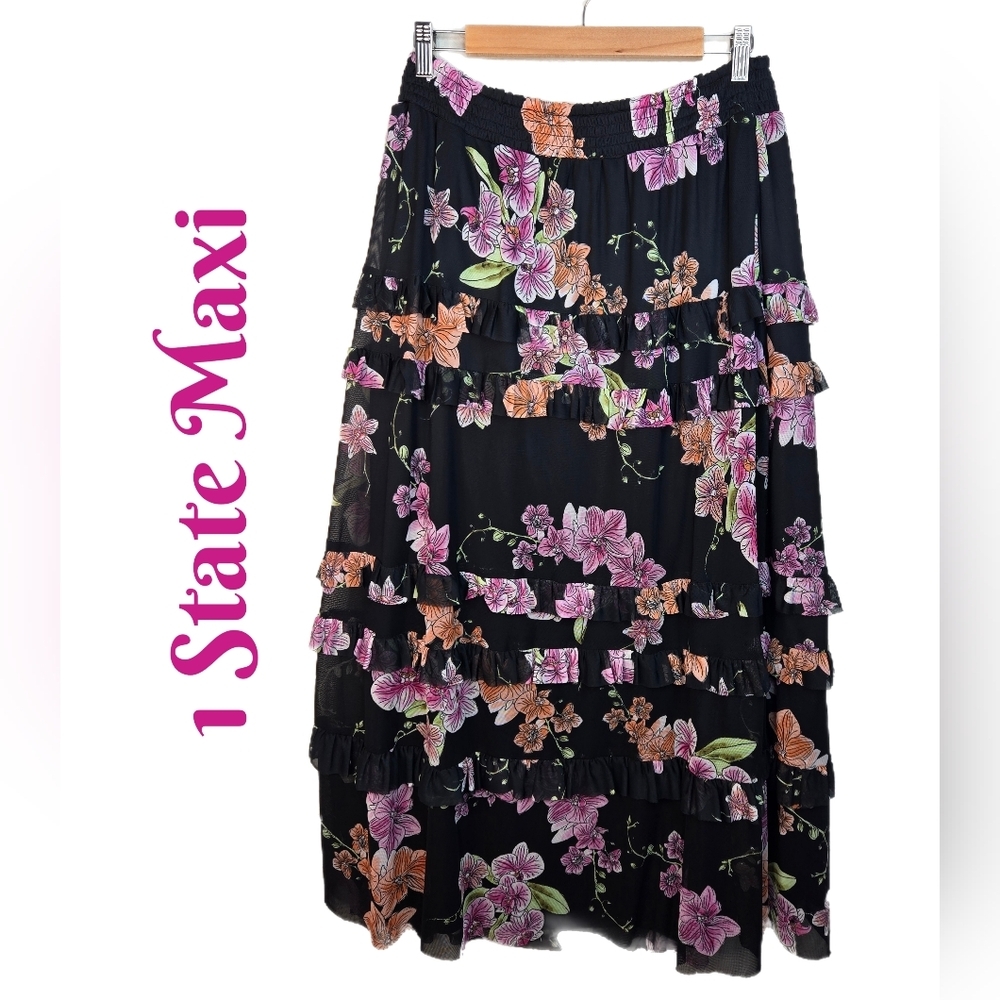 1 State Womens Maxi Skirt Sz L Mesh Floral Overlay With Ruffles & Pockets